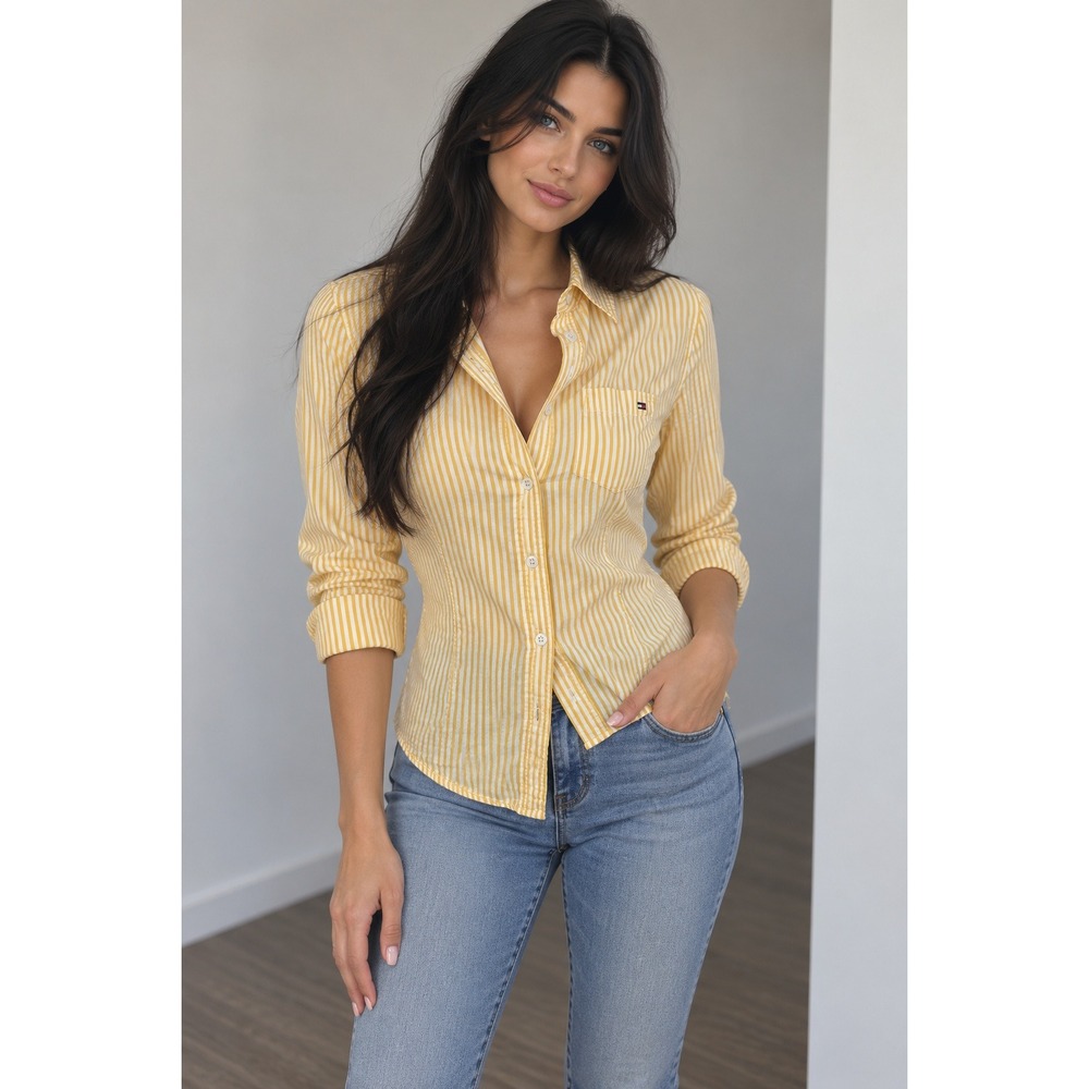 Tommy Hilfiger Yellow White Striped Button Down Shirt Long Sleeve Womens XS